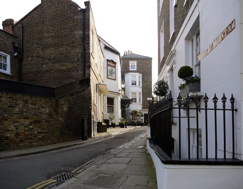 A narrow residential street scene featuring brick and stucco buildings with small front gardens and potted plants. A white building with decorative black wrought iron fencing and a window box holding a rounded topiary plant is visible on the right side. Further along, a building with a bay window and hanging sign is seen, indicating a local establishment. The street appears quiet, with a slight incline and pavement for pedestrian access. No vehicles or moving equipment are visible in this image, but it provides context for a typical street where house or flat removals may take place, supporting the logistics of furniture transport and home relocation services. Man with Van Riddlesdown occasionally operates in such environments for safe and efficient narrow-access removals, including packing and loading processes in confined urban spaces.